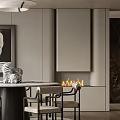 Modern Dining Room Interior With Round Table Chairs Pendant Light Fireplace And Decorative Painting