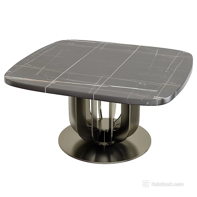Modern Black Marble Dining Table With White Veins Pattern And Sleek Metal Base Design 3d model