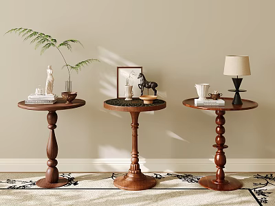 Classic Wooden Side Tables With Carved Bases And Decorative Plant Lamp Books 3d model