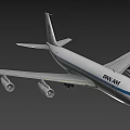 White Passenger Airplane Exterior Design With Blue Stripe Four Engines And Tail Logo