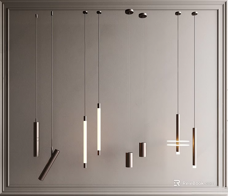 Modern Interior Pendant Lights With Sleek Metallic Design And Illuminated Linear Shapes 3d model 