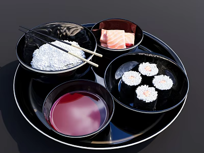 Japanese Cuisine Bowls with Rice Salmon Sushi Soy Sauce and Chopsticks on Black Tray 3d model