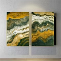Abstract Wall Art Paintings With Gold Green Yellow Wave Patterns And Fluid Texture 3d model