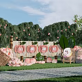 Xiantao Station Outdoor Scene With Peach Trees Wooden Sign Baskets And Cartoon Figure
