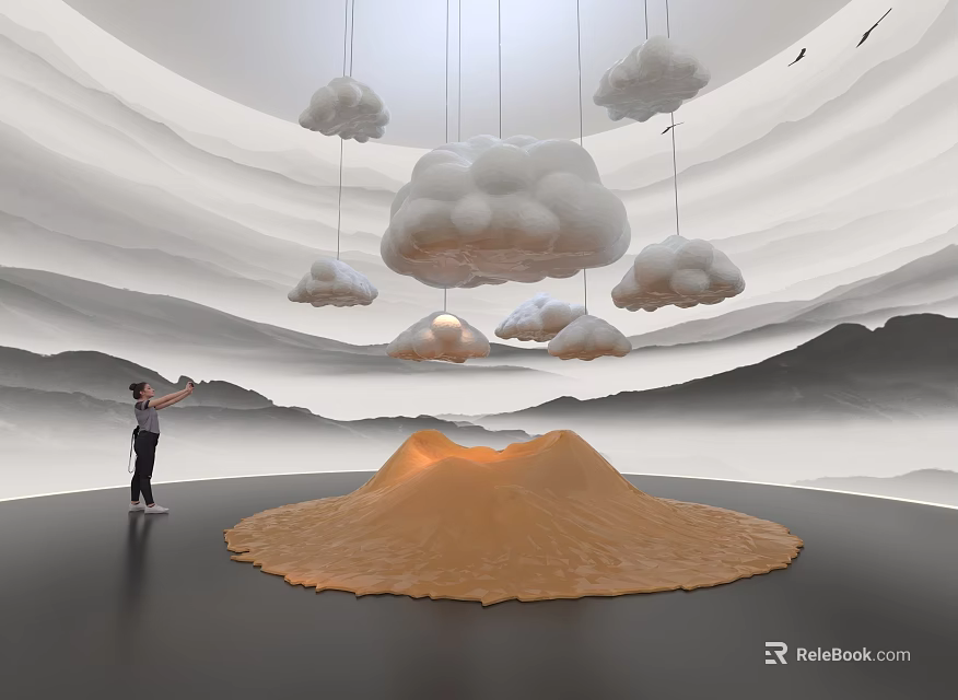 Immersive Art Installation With Hanging Clouds Orange Sand Dune And Layered Mountain Backdrop 3d model 
