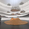 Immersive Art Installation With Hanging Clouds Orange Sand Dune And Layered Mountain Backdrop 3d model