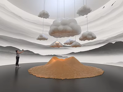 Immersive Art Installation With Hanging Clouds Orange Sand Dune And Layered Mountain Backdrop 3d model