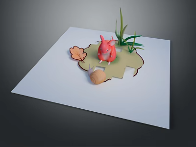 3D Paper Craft Scene With Pink Animal Figure Green Grass Leaf And Snail 3d model