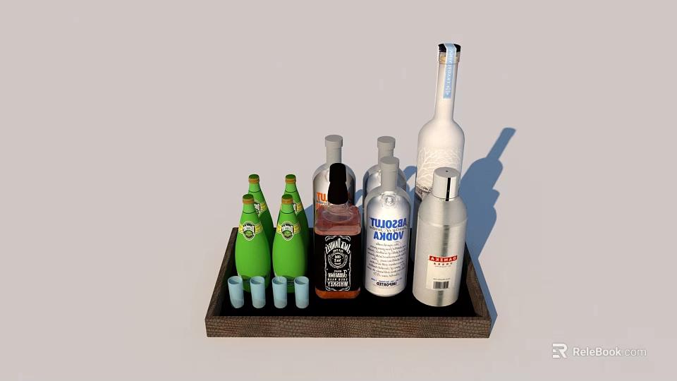 Various Alcohol Bottles And Green Shot Glasses On Wooden Tray For Home Bar Setup 3d model 