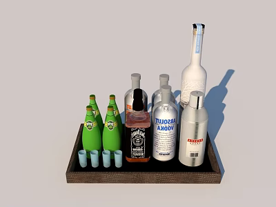Various Alcohol Bottles And Green Shot Glasses On Wooden Tray For Home Bar Setup 3d model