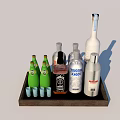 Various Alcohol Bottles And Green Shot Glasses On Wooden Tray For Home Bar Setup