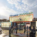 Vibrant Commercial Street With Colorful Buildings Open-air Shops Pedestrians And Bench Seats