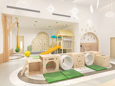 Bright Kindergarten Indoor Play Space With Playhouse Slide Climbing Structure Wooden Tunnels And Green Mats 3d model