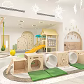 Bright Kindergarten Indoor Play Space With Playhouse Slide Climbing Structure Wooden Tunnels And Green Mats