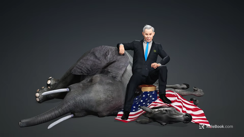 Man In Suit And Blue Tie Sitting On Elephant Over American Flag 3d model 