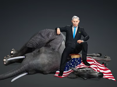 Man In Suit And Blue Tie Sitting On Elephant Over American Flag 3d model