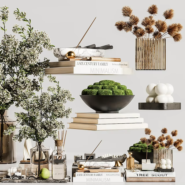 Elegant Decorative Ornament Set With Green Moss Ball Stacked Books Dried Flowers And Ceramic Vase 3d model 
