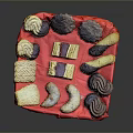 Delicious Assorted Cookies On Red Tray With Various Shapes And Flavors