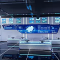 Modern Hi tech Exhibition Hall With LED Screens Futuristic Lighting Circular Platform And Digital Backdrop
