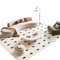 Modern Curved Sofa Coffee Table Set With Round Table Geometric Rug Floor Lamp And Pillows