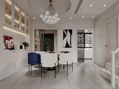 Modern Elegant Dining And Living Room Interior With Chandelier Dining Table And Blue Chairs 3d model