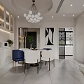 Modern Elegant Dining And Living Room Interior With Chandelier Dining Table And Blue Chairs