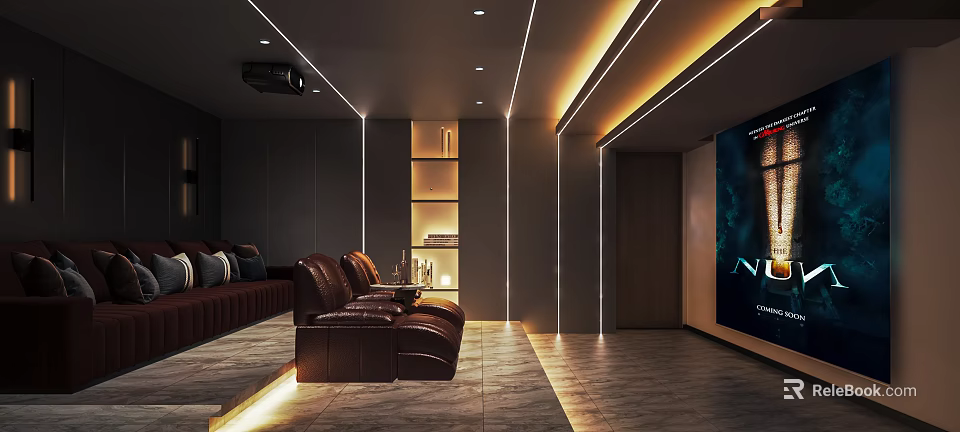 Modern Home Theater Room Interior With Brown Leather Sofas Projector Large Screen And LED Light Strips 3d model
