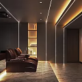 Modern Home Theater Room Interior With Brown Leather Sofas Projector Large Screen And LED Light Strips 3d model