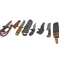 Various Kitchen Knives With Decorative Handles And Different Blade Shapes On Red Background