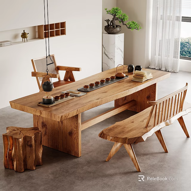 Solid Wood Tea Table and Chairs in Natural Rustic Style with Tea Set and Tray 3d model