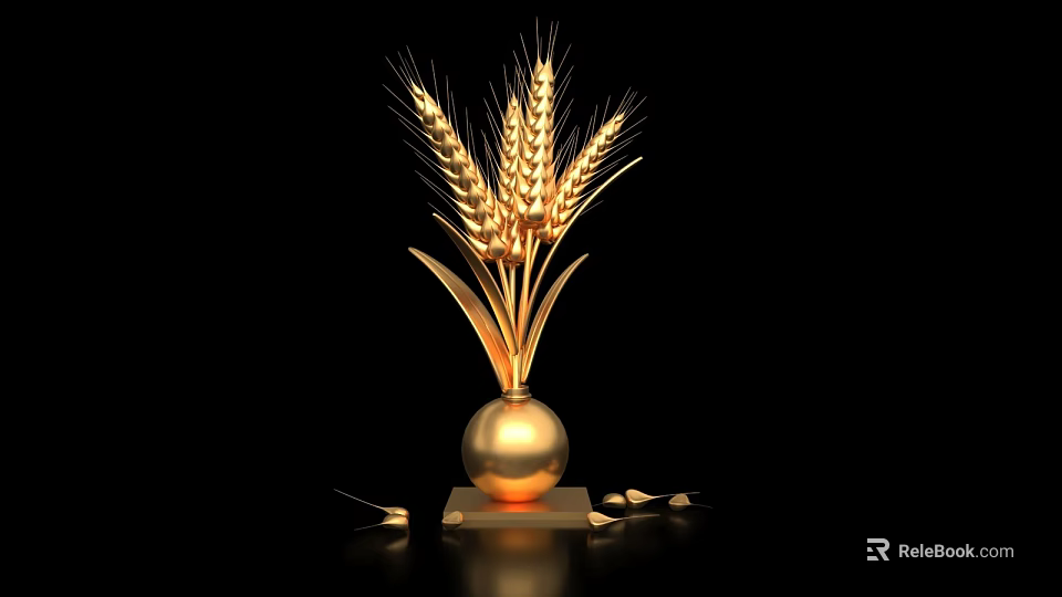 Golden Wheat Sculpture with Sphere Base and Square Pedestal on Black Background with Shiny Finish 3d model 