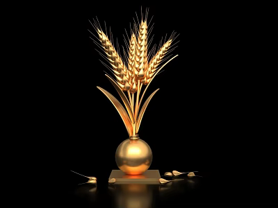 Golden Wheat Sculpture with Sphere Base and Square Pedestal on Black Background with Shiny Finish 3d model
