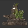 Modern Stone Decorative Sculpture Featuring Green Plants and Natural Rock Design