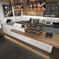 Modern Café Interior With Coffee Machines Display Shelves And Stone Countertop