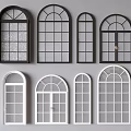 Modern Casement Windows With Black And White Frames Arched Top And Grid Panes 3d model