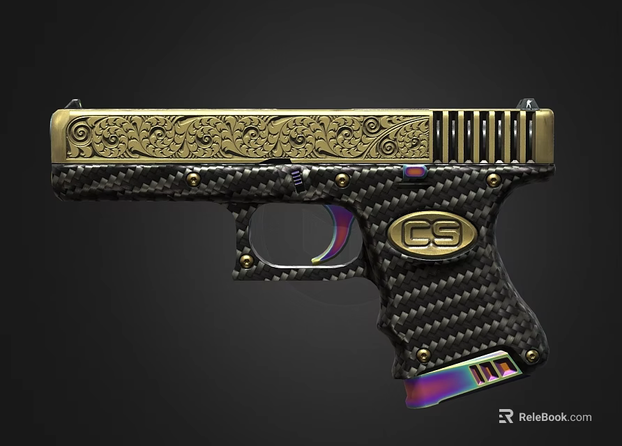 Decorative Gun Featuring Gold Engraved Design Carbon Fiber Grip And CS Logo 3d model 