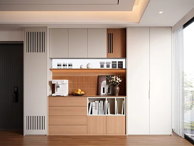 Modern Wooden White Decorative Cabinet Featuring Coffee Machine Fruits Vase and Book Shelves 3d model