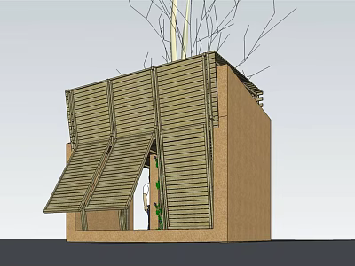 Wooden Building Structure With Louvered Panels Green Plants And Branch Like Top Design 3d model