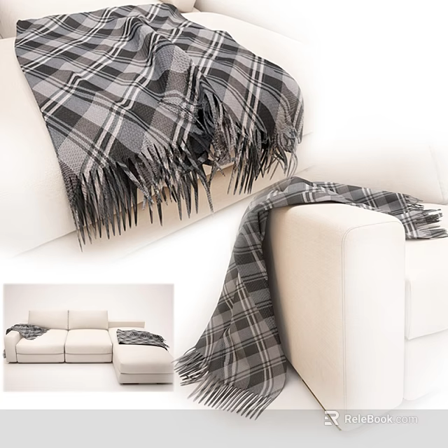 Stylish White Sectional Sofa With Plaid Fringe Blanket And Ottoman 3d model 