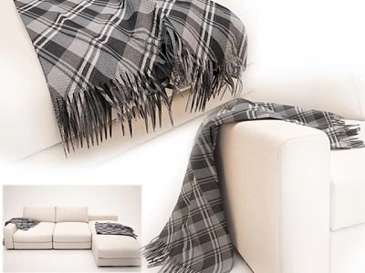 Stylish White Sectional Sofa With Plaid Fringe Blanket And Ottoman 3d model