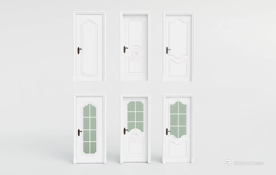 White Hinged Doors With Various Designs Including Glass Panels And Solid Panels 3d model 