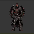 Armored Figure With Red Accents And Tattered Wings On Dark Background