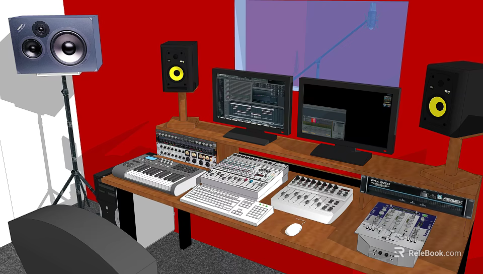 Audio Production Desk With Dual Monitors Audio Mixer Keyboard And Speakers 3d model 