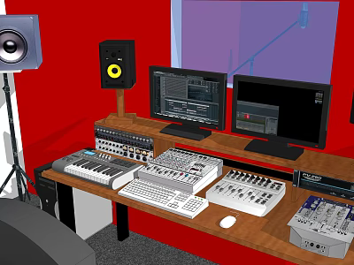 Audio Production Desk With Dual Monitors Audio Mixer Keyboard And Speakers 3d model