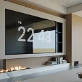 Modern Wooden TV Stand With Built-in TV Fireplace And Bookshelf In Living Room