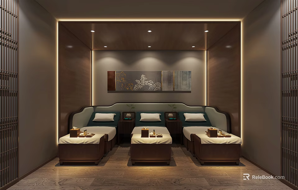 SPA Sauna Interior Design With Wooden Beds Decorative Painting And Soft Lighting 3d model 