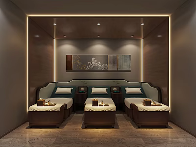 SPA Sauna Interior Design With Wooden Beds Decorative Painting And Soft Lighting 3d model