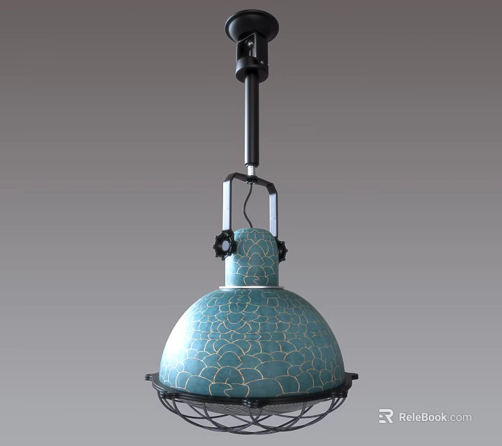 Blue Cracked Texture Pendant Light With Black Metal Suspension And Cage Base 3d model 