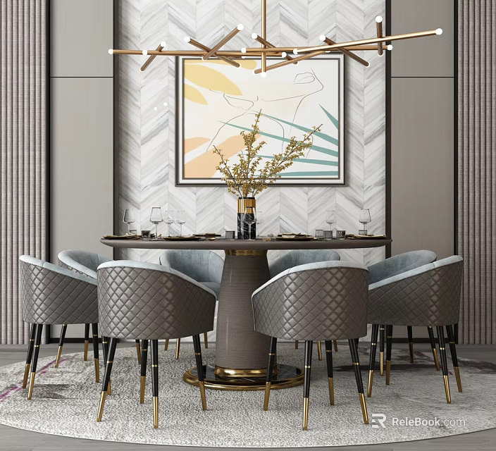 Elegant Modern Dining Table Set With Quilted Gray Chairs And Gold Accent Base 3d model 