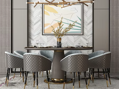 Elegant Modern Dining Table Set With Quilted Gray Chairs And Gold Accent Base 3d model